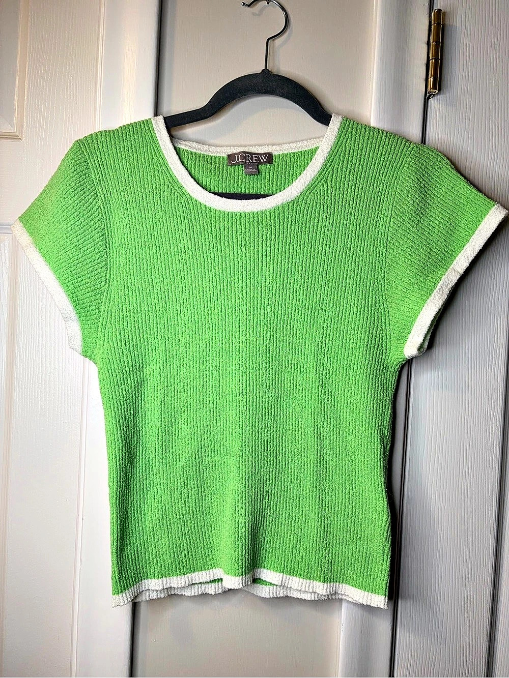 J.Crew Cropped Cap-Sleeve Sweater T-Shirt Green Ribbed Knit Top Size M Excellent